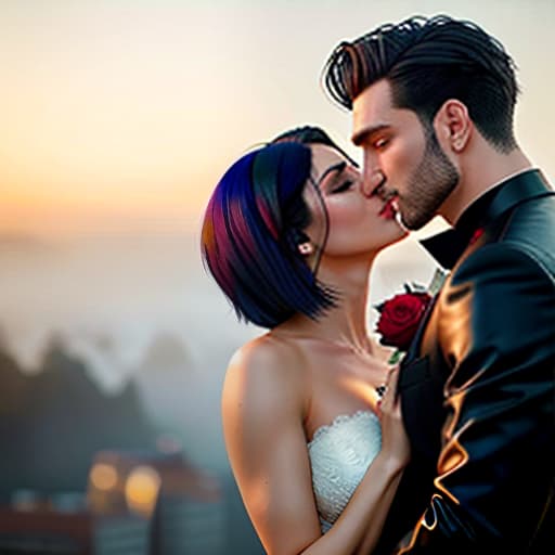  handsome young man with short black hair kissing beautiful woman with long hair passionate hyperrealistic, full body, detailed clothing, highly detailed, cinematic lighting, stunningly beautiful, intricate, sharp focus, f/1. 8, 85mm, (centered image composition), (professionally color graded), ((bright soft diffused light)), volumetric fog, trending on instagram, trending on tumblr, HDR 4K, 8K