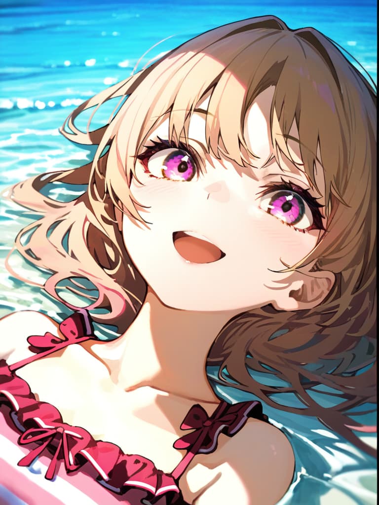  ultra detailed:1.2,masterpiece:1.2,best quality,masterpiece,bestquality,hdr:1.1,8k:1.1,very cute girl:1.3,(pink color,frill ,swimwear:1.6),(lying,at striped float bed on sea:1.8) ,smile:1.4 ,(blonde hair,twin tail,drill hair:1.3) ,(on the sea:1.7),upper body:1.3,dutch angel:1.5,open mouth,(upside down:1.4)((eyes highlight:1.1))