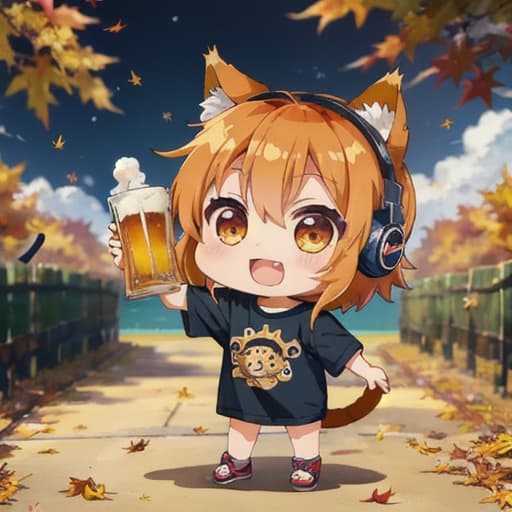  master piece , best quality,chibi chara holding beer in one hand background autumn cat ear headphones t shirt cute singing