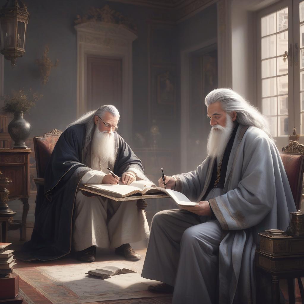  breathtaking a gray haired old man with a long white beard and long wide robes in a rich house teaches a young man with black tousled hair to read and write. aesthetics of the 18th century, . award winning, professional, highly detailed