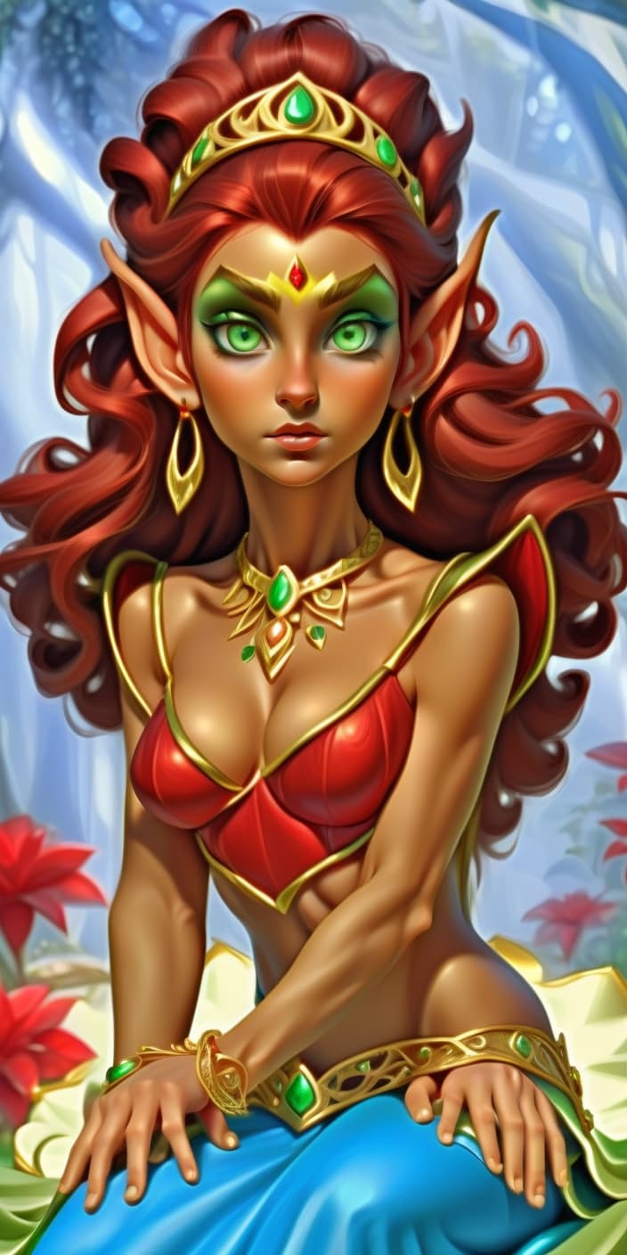  hdr photo of a elf woman wearing a gold tiara with a green eyes, red hear . high dynamic range, vivid, rich details, clear shadows and highlights, realistic, intense, enhanced contrast, highly detailed, perfect hands