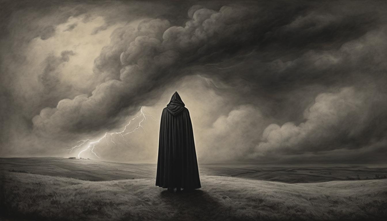  on parchment, surrealism++, a lone figure standing defiantly beneath a stormy sky, dark cloak billowing in the wind, lightning illuminating a determined expression, intensity, power(mysterious, provocative, symbolic)++