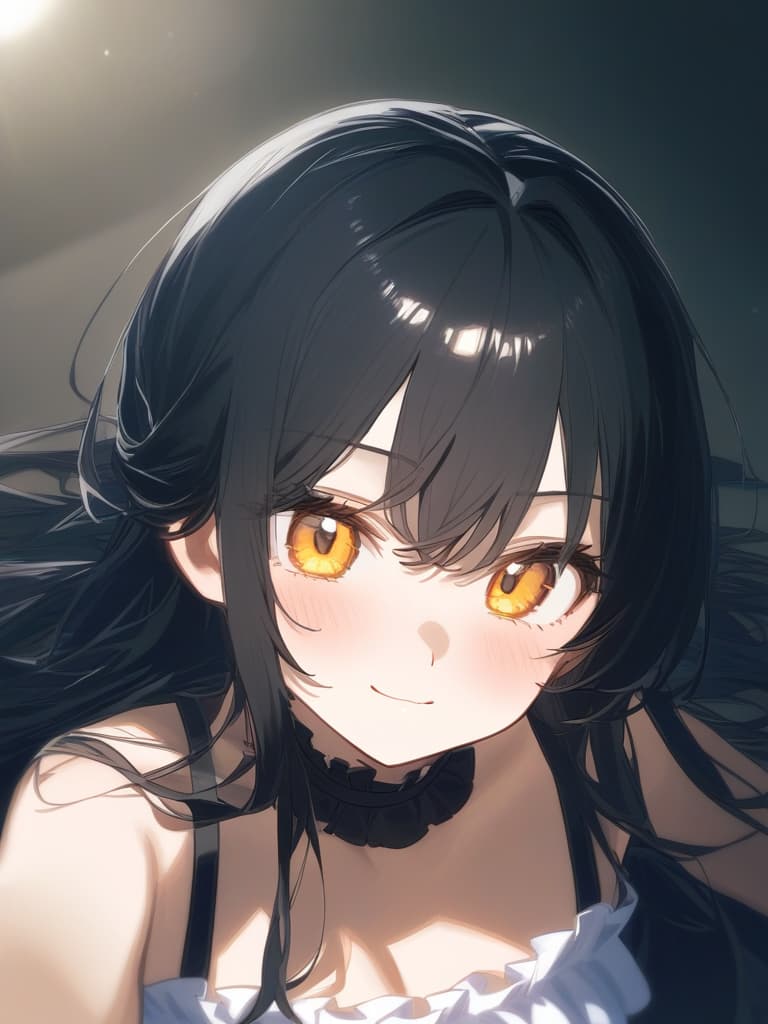  cute face focus,cute,young,long hair,black hair,yellow eyes,frill onepiece