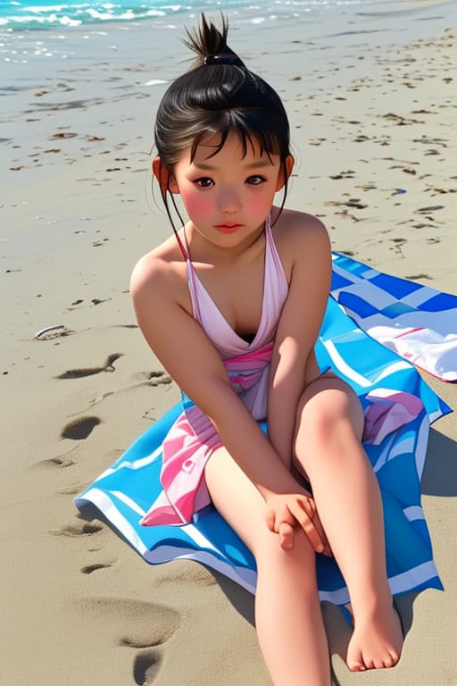  Your tiny Asian stepdaughter looks at you with love and longing at your private beach