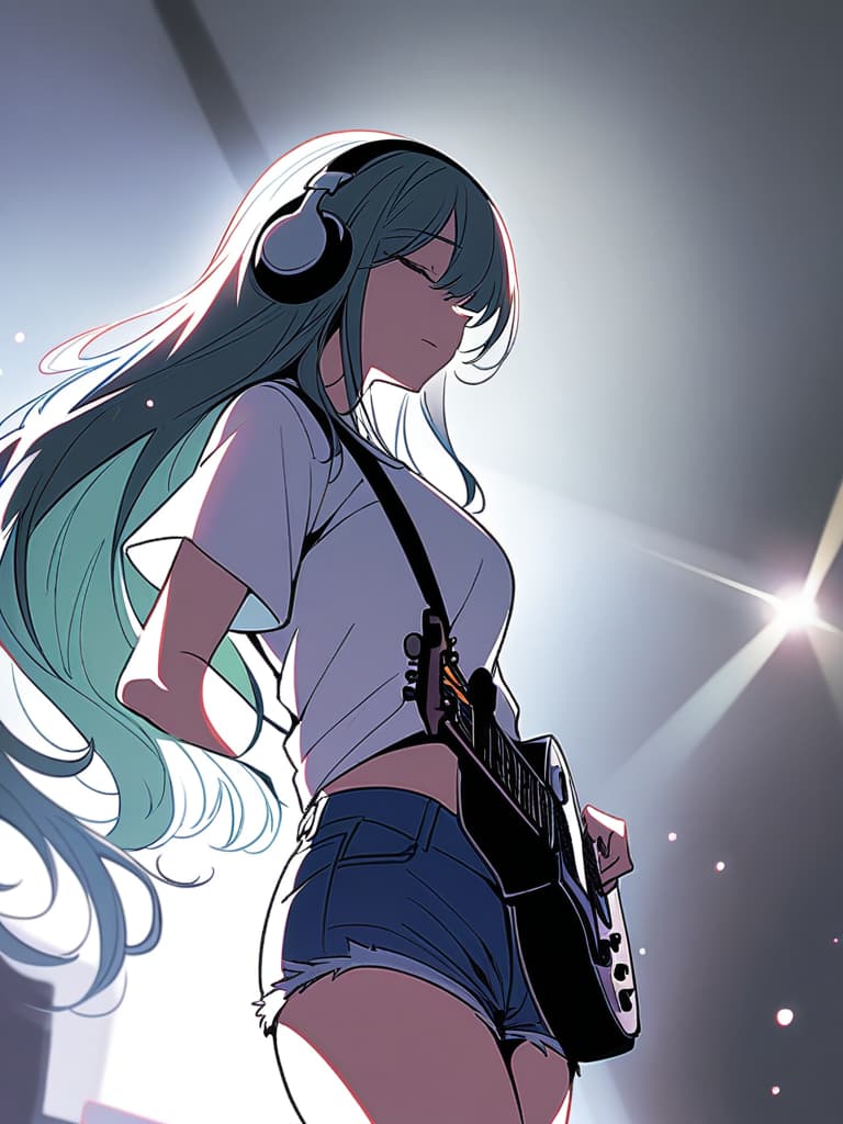  (white background:1.3),(extremely detailed fine touch:1.3),(hard light,studio light,light rays,dappled light,reflection,shadows,ray tracing:1.0),///,,green very long hair,headphone,forehead,having a bird's eye view,anime style,super fine ilration,highly detailed,dynamic angle,beautiful detailed,8k,on stage break a woman,(((headphone:1.3))),on both ,strumming an electric guitar. she arches her back,closes her eyes and looks joyful. break a spotlight shines on her,(t shirt:1.3),(denim shorts:1.3),(black les paul custom:1.3)