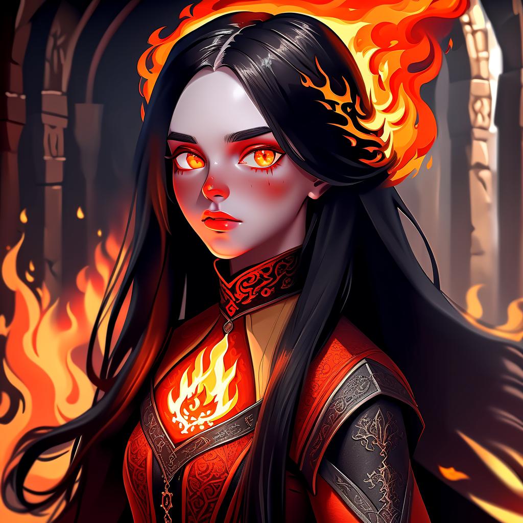  breathtaking the girl is covered with fire, bright red skin, black long hair, orange eyes, medieval clothes . award winning, professional, highly detailed