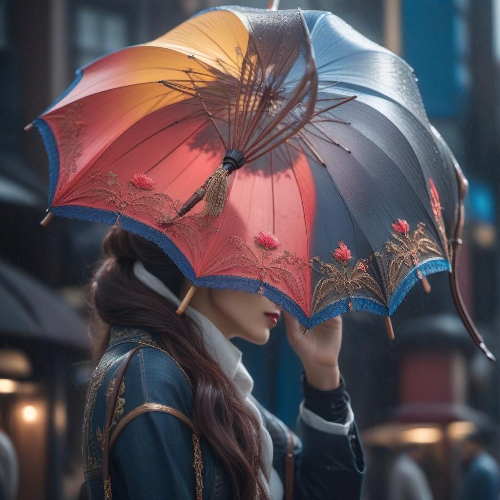  Beautiful umbrella hyperrealistic, full body, detailed clothing, highly detailed, cinematic lighting, stunningly beautiful, intricate, sharp focus, f/1. 8, 85mm, (centered image composition), (professionally color graded), ((bright soft diffused light)), volumetric fog, trending on instagram, trending on tumblr, HDR 4K, 8K