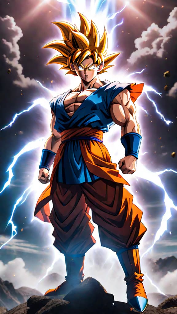  anime art: goku from dragon ball z in ultra instinct god form, striking with the force of a collapsing star. hyperrealistic, full body, detailed clothing, highly detailed, cinematic lighting, stunningly beautiful, intricate, sharp focus, f/1. 8, 85mm, (centered image composition), (professionally color graded), ((bright soft diffused light)), volumetric fog, trending on instagram, trending on tumblr, HDR 4K, 8K