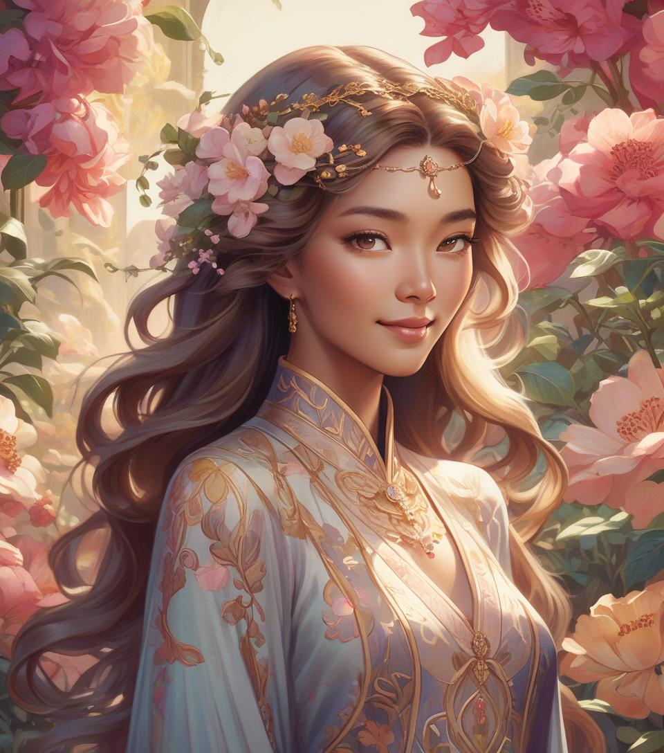  concept art oriental woman sporting a subtle smile amidst an opulent flower garden, imperial hues enveloping the art nouveau inspired floral backdrop, crowned regally, radiant backlighting highlighting her flowing hair, radiant, mythical allure transcending existence, watercolor aesthetic, greg rutkowski's touch, trending on artstation, razor sharp focus, studio setting, elaborate intricacies, volumetric . digital artwork, illustrative, painterly, matte painting, highly detailed