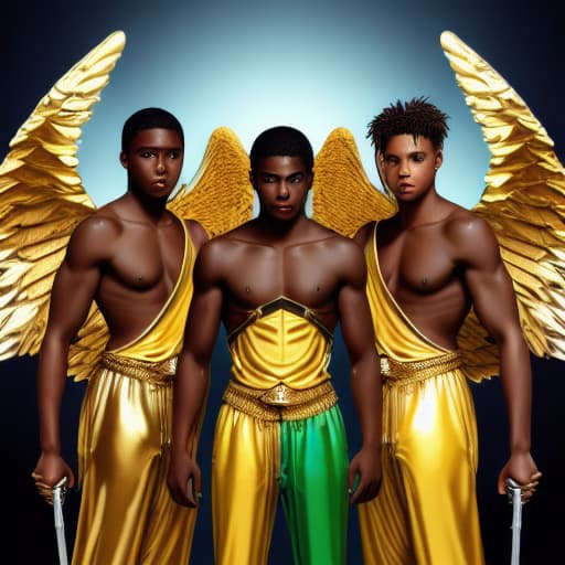  Create a image of three Airbrushed Hyperrealistic Glossy Beautiful African American handsome Darkskin Male Angels full with Green eyes and multi colored Beautiful Wings Holding Beautiful Gold Swords