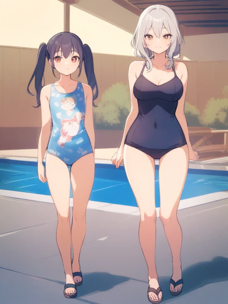  women's elementary students, twin tails, cute smiles, rich s, low stature, dark blue swimwear, old swimwear, swimwear, male, male, shaped clear pulp, shaped clear phimosis, shaped crisp phimosis, oh. , front, whole body, pool side,