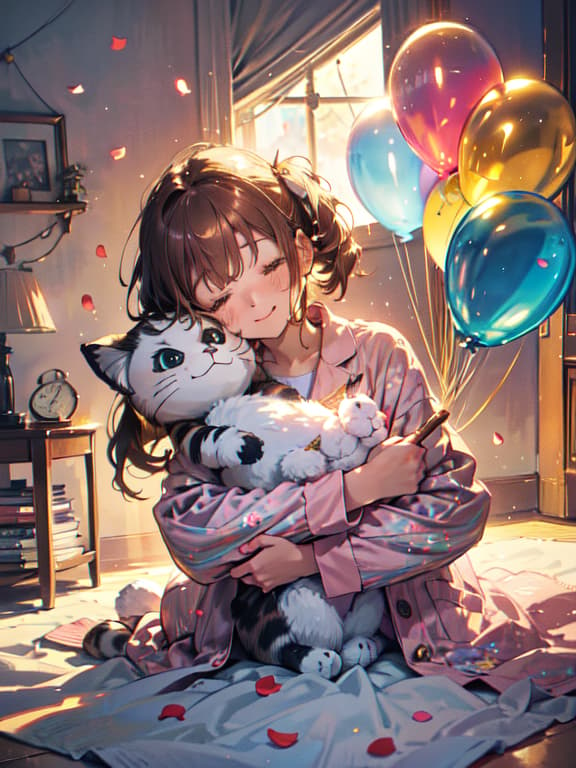  master piece, best quality, ultra detailed, highres, 4k.8k, girl in pajamas, hugging a cat stuffed animal, sleepy with a cute smile on her face, break dreamy illustration of a girl and her cat., cute room, balloons, pop floral patterned carpet, break fancy and pop with dappled sunlight, delicate line drawing, intricate shading, soft coloring, bold lines, subtle hues, blurry background, lens flare, sparkle, powder lights, petals,