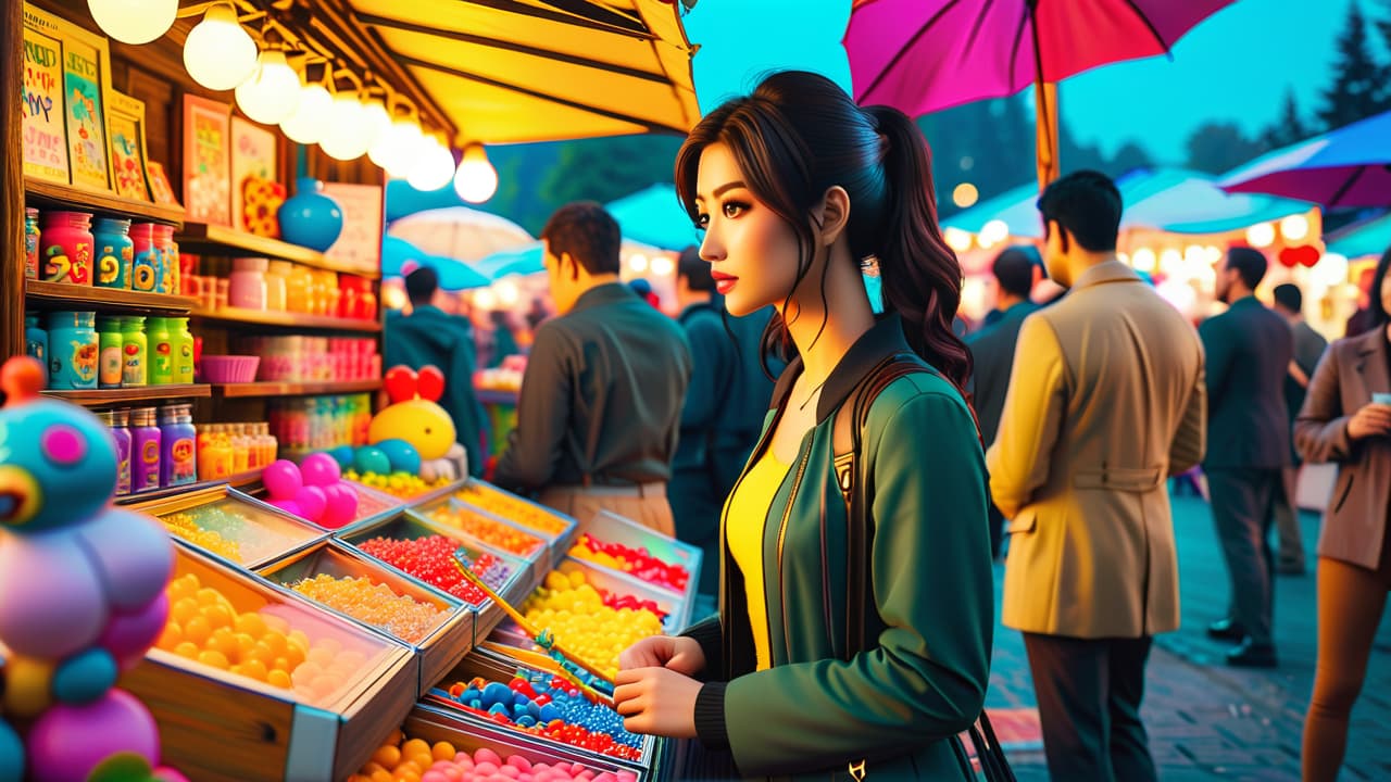  a vibrant marketplace scene filled with diverse anime collectibles and figurines. stalls brimming with colorful toys, posters, and art, surrounded by enthusiastic collectors browsing and interacting, under a bright blue sky. hyperrealistic, full body, detailed clothing, highly detailed, cinematic lighting, stunningly beautiful, intricate, sharp focus, f/1. 8, 85mm, (centered image composition), (professionally color graded), ((bright soft diffused light)), volumetric fog, trending on instagram, trending on tumblr, HDR 4K, 8K