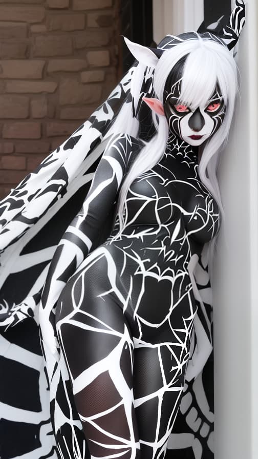  Black and White Spider-patterned body paint in every corner of the whole body, full-body, silver body paint, White face paint on the face,Dark elfs 女性