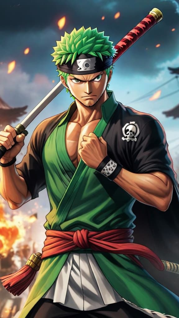  anime art: zoro from one piece faces off with a yonko using his ashura technique. hyperrealistic, full body, detailed clothing, highly detailed, cinematic lighting, stunningly beautiful, intricate, sharp focus, f/1. 8, 85mm, (centered image composition), (professionally color graded), ((bright soft diffused light)), volumetric fog, trending on instagram, trending on tumblr, HDR 4K, 8K