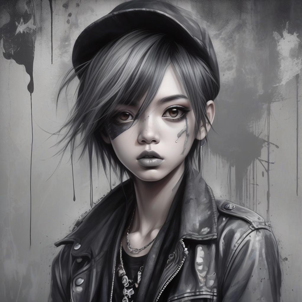  grunge style a talented asian artist proficient in creating exquisite portraits using digital art techniques, showcases a unique style known as digital art wonders. with elements of romantic realism, the artwork features a captivating blend of dark silver and light gray shades. the artist employs airbrush art techniques to create bold and visually striking manga inspired characters. . textured, distressed, vintage, edgy, punk rock vibe, dirty, noisy