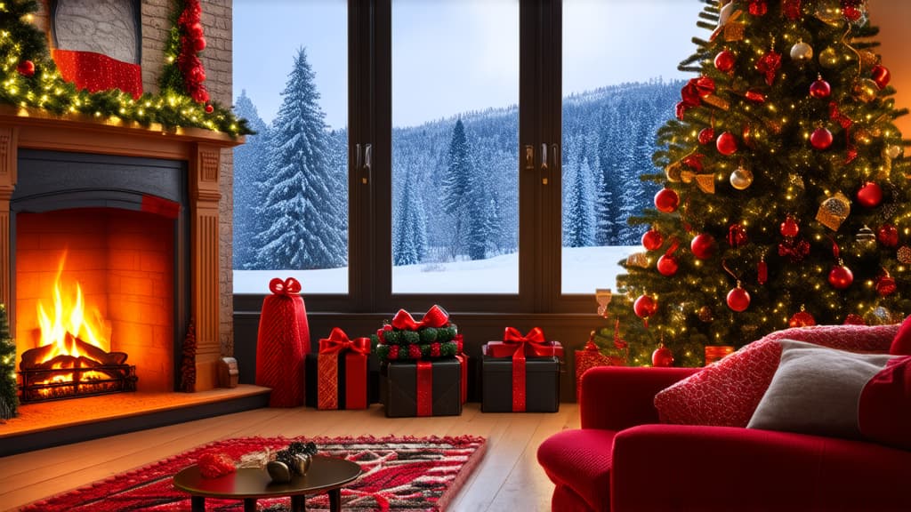  room interior on the theme of new year fireplace, carpet, decorations, decorations, snow outside the window, christmas tree dressed up, garland, beautiful, new year mood, realism, hyperrealism, detail, professional photo,high quality, hyperrealistic photo ar 16:9 {prompt}, maximum details