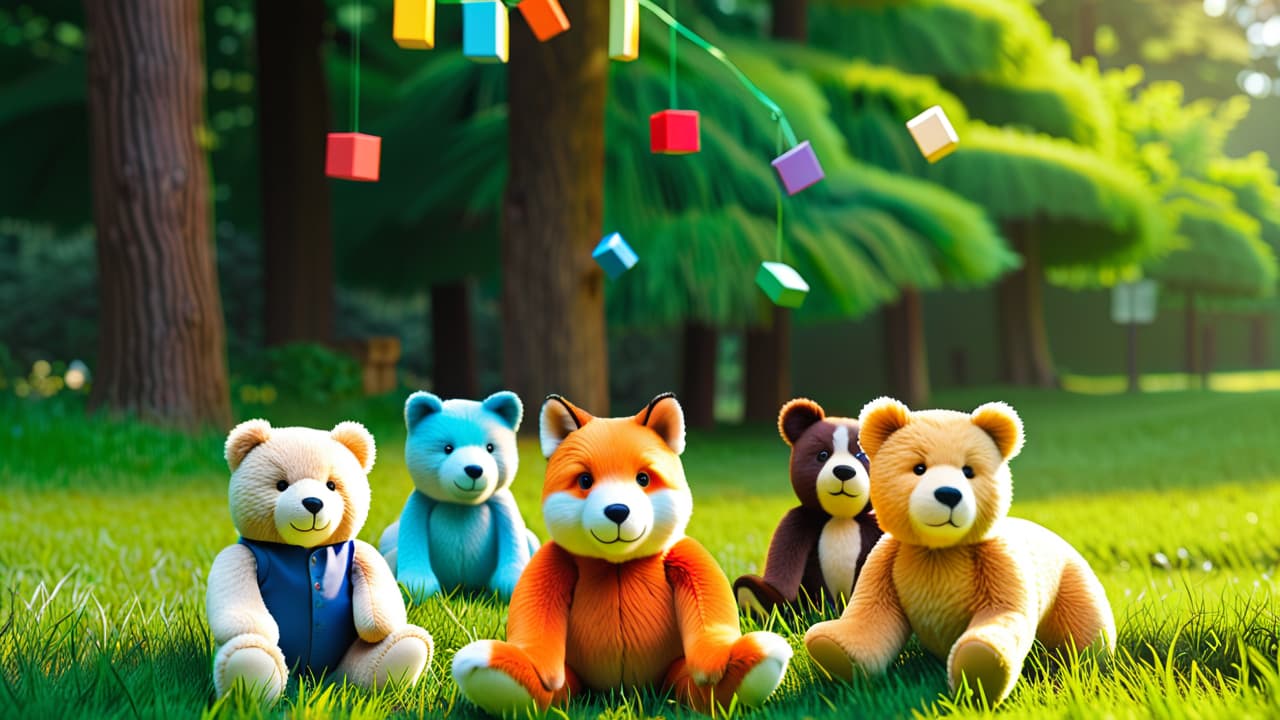  a colorful array of eco friendly toys made from natural materials, displayed on a lush green grass background. sunlight filters through trees, highlighting wooden blocks, organic cotton stuffed animals, and biodegradable playsets. hyperrealistic, full body, detailed clothing, highly detailed, cinematic lighting, stunningly beautiful, intricate, sharp focus, f/1. 8, 85mm, (centered image composition), (professionally color graded), ((bright soft diffused light)), volumetric fog, trending on instagram, trending on tumblr, HDR 4K, 8K