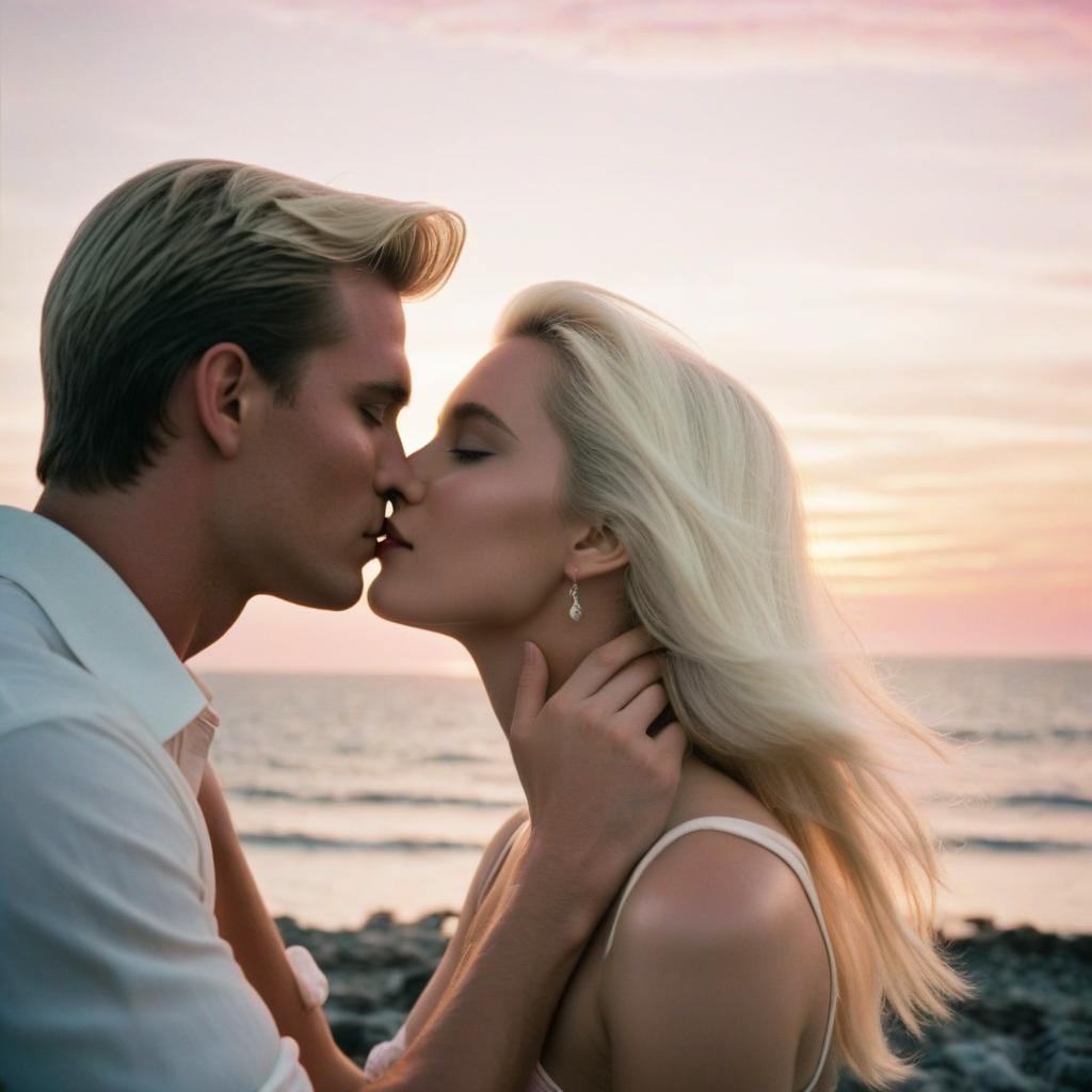  analog film photo a platinum blonde girl touches the face of a blonde guy, in the background the sea, sunset, pink and white shades, clouds, light fog, sunny day. . faded film, desaturated, 35mm photo, grainy, vignette, vintage, kodachrome, lomography, stained, highly detailed, found footage