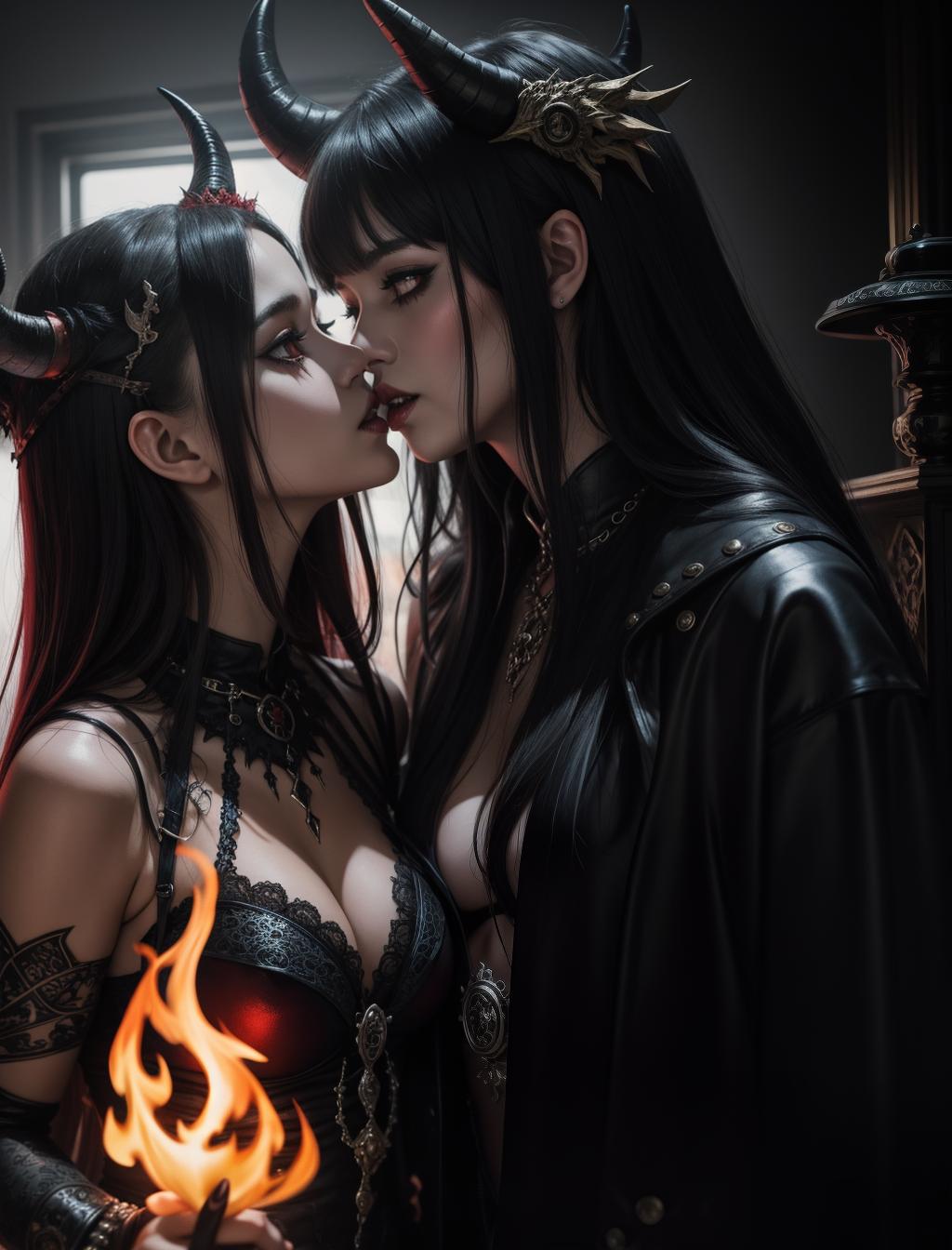  i want you to create me a one of a kind image using dark artistic style with evil demons fire the demons i want to e women with horns wearing nothing must have fangs and horns of creepy style must be extremely attractive must include two women kissing