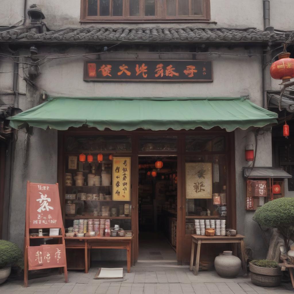  chinese town, tea store, tea ceremony, sign text “tea875”, epic foto, 4k