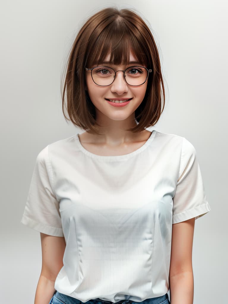  glasses, thin eyes, women, one, white background, brown hair, smiling, bangs, short hair, bluish shirts, masterpiece, best quality,8k,ultra detailed,high resolution,an extremely delicate and beautiful,hyper detail