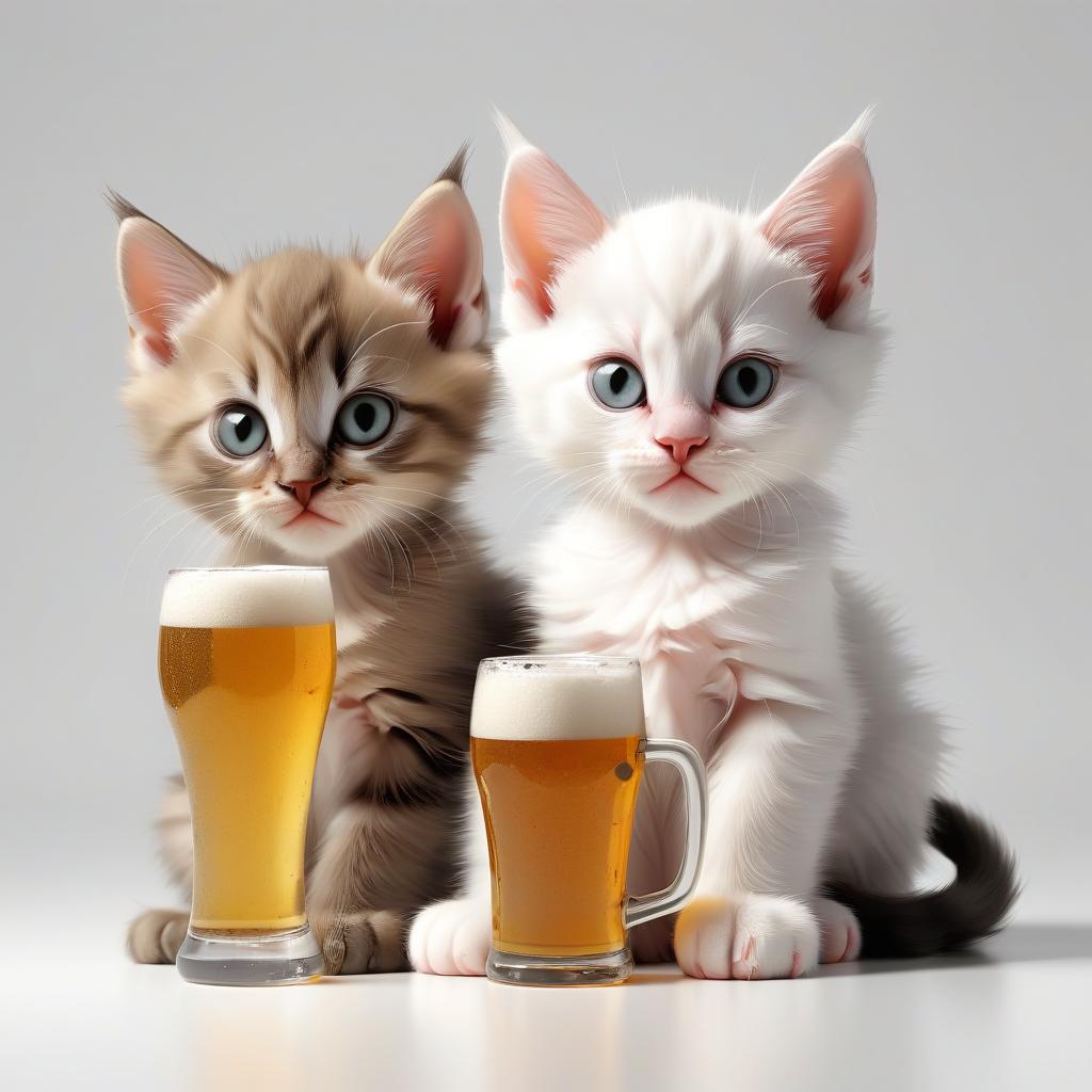  two kittens sitting with a beer on a white background