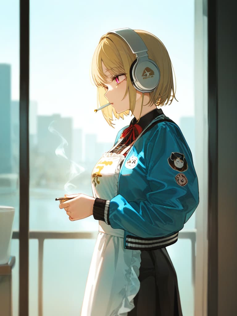  a who smokes cigarettes, a wearing a cigarette, a wearing headphones, a in blonde bob cut, the whole body, souvenir jacket, maid cosplay, standing, black frill , white apron, sky blue jacket, maid clothes, masterpiece, best quality,8k,ultra detailed,high resolution,an extremely delicate and beautiful,hyper detail