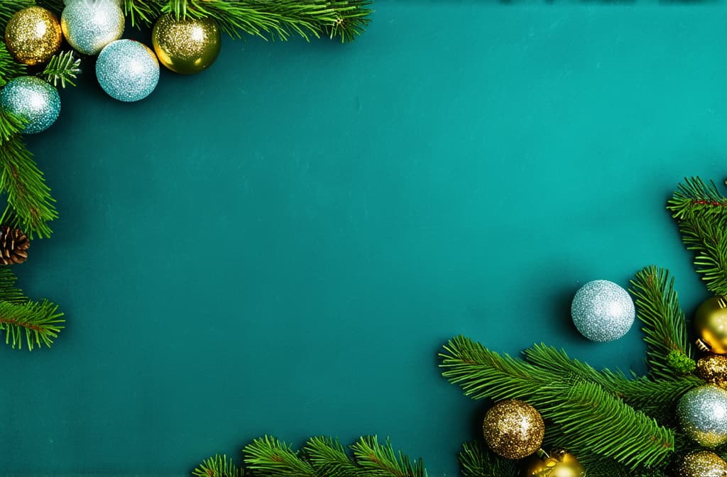  professional detailed photography, new year vertical dark turquoise background with gold and silver balls on fir branches with space for text ar 3:2, (muted colors, dim colors, soothing tones), (vsco:0.3)