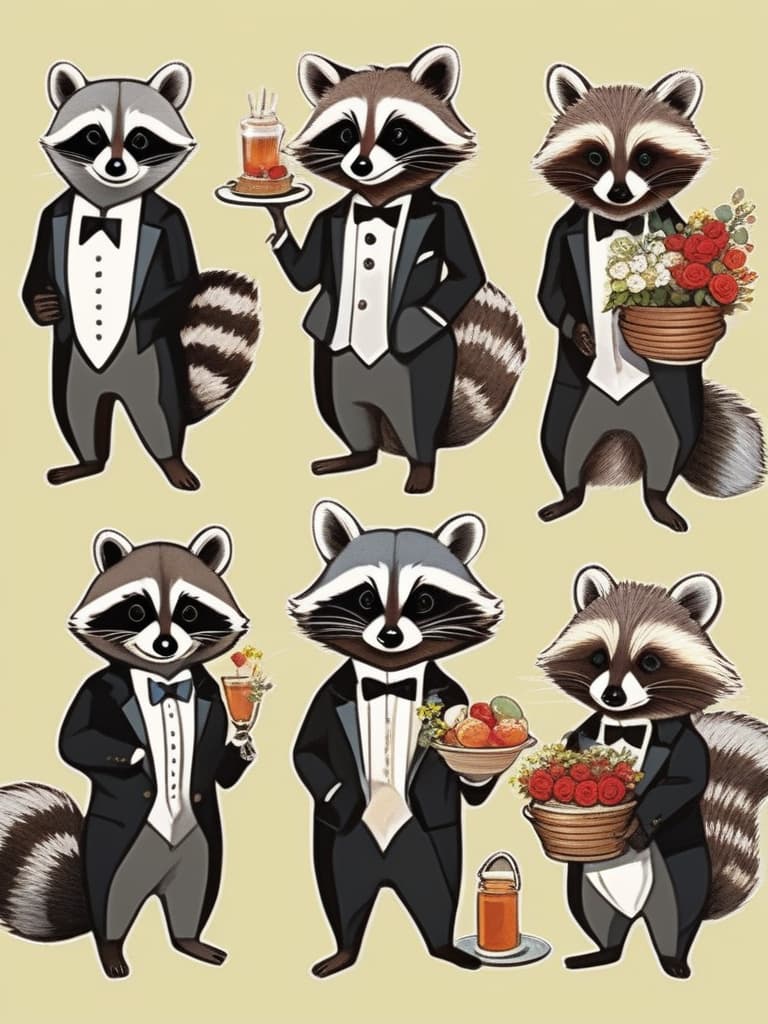  (wearing tuxedo,super cute raccoon butler: 1.4),garden with roses in bloom,garden table,afternoon tea stand,(super cute raccoon butler serving),