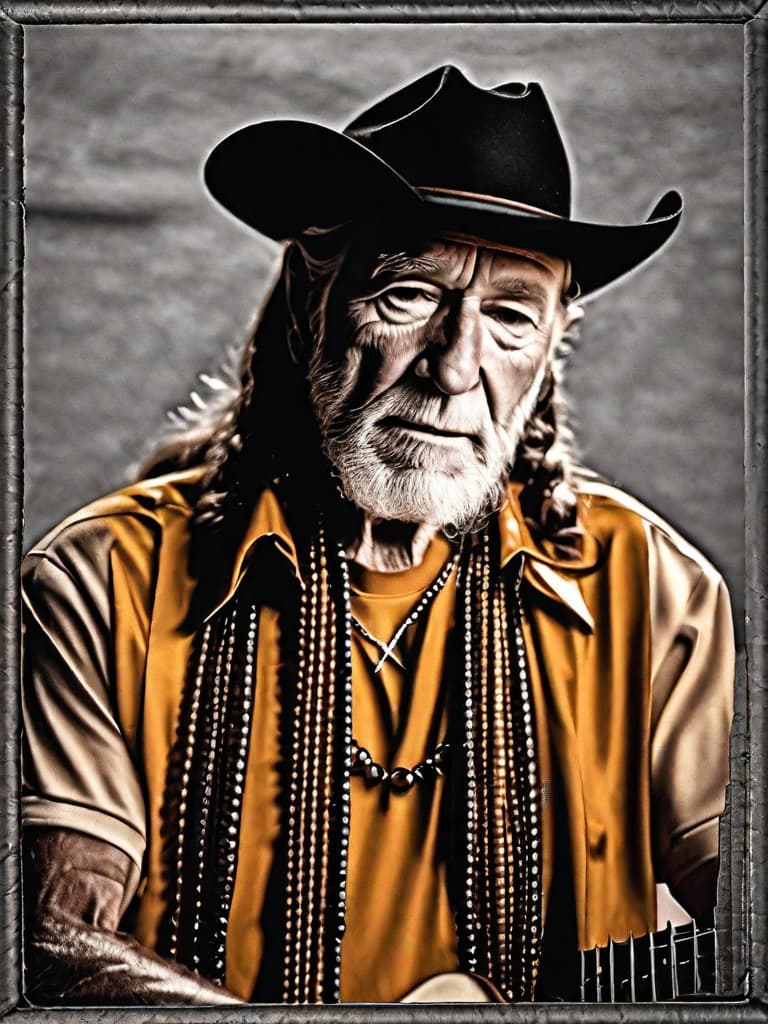  Singer Willie Nelson, medium shot, upper body, spotlight, long exposure lighting, street art style spray paint, glamour lighting