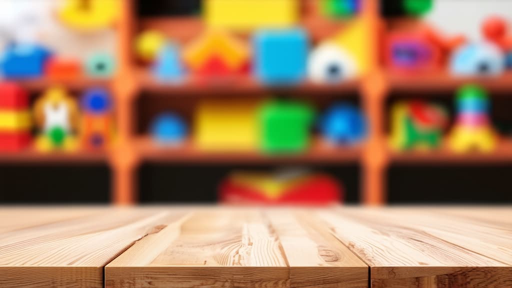  empty wooden tabletop with blurred background of racks of toys placed close to the tabletop, ar 16:9 {prompt}, maximum details