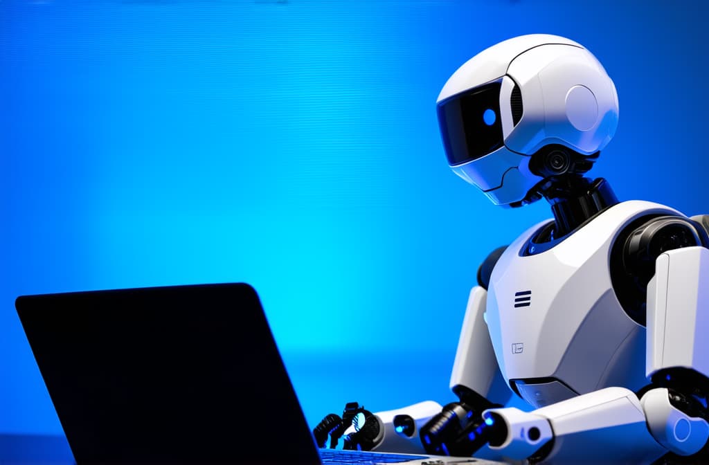  robot sitting at laptop, looking at screen, blue glowing background ar 3:2 {prompt}, maximum details