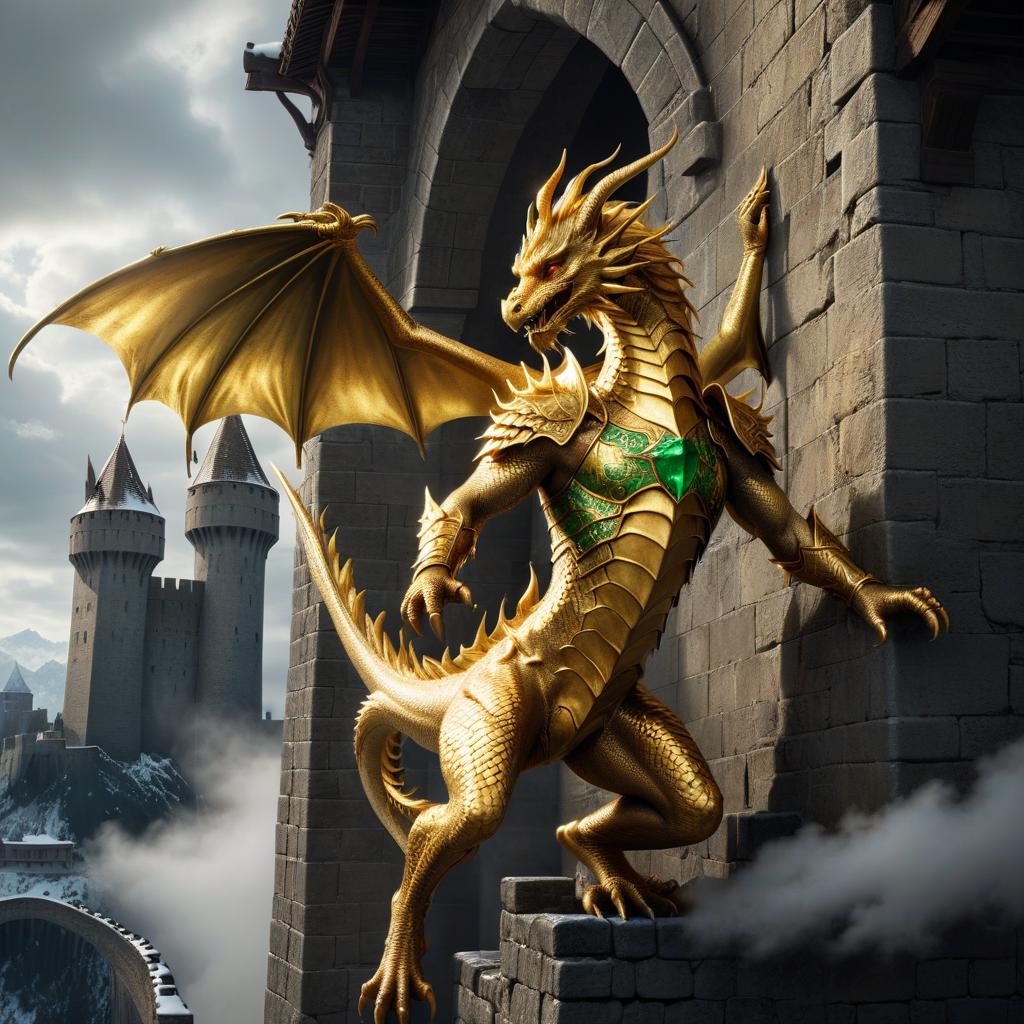  hyperrealistic art a golden dragon carrying a beautiful elf woman on his back descends from the gloomy sky in snow clouds on the wall of a medieval fortress. in the hands of the elf a golden staff with golden wings and an emerald between them. . extremely high resolution details, photographic, realism pushed to extreme, fine texture, incredibly lifelike, civitai, glowneon