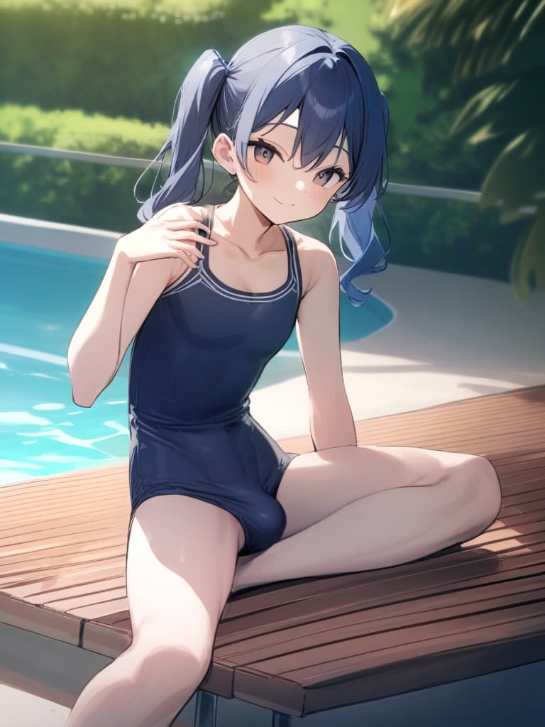  women's elementary students, twin tails, rich smiles, cute smiles, navy blue swimwear, old swimwear, swimwear, simple, male, shaped clear , shaped clear, clear stem, shaped crisp, male bulge,, front. the whole body, pool side,