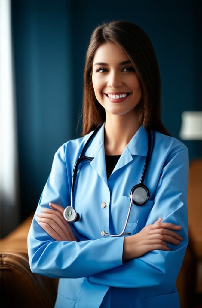  cinematic film style, confident female doctor portrait smiling with arms crossed healthcare professional ar 2:3, shallow depth of field, vignette, maximum details, high budget hollywood movie, bokeh, cinemascope, moody, epic, gorgeous, sun rays and shadows on furniture and surfaces, flattering light, raw photo, photography, photorealistic, 8k resolution, f1.4, sharpened focus, sharp focus