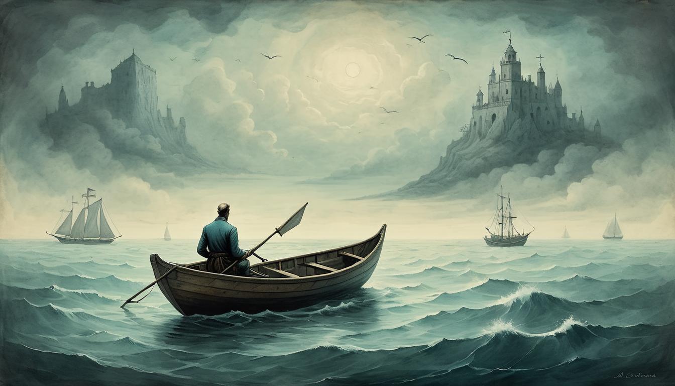  on parchment, surrealism+++, adrift at sea, solitary figure in small boat, endless ocean stretching out, no land in sight, sense of being unmoored, lost without direction, vast emptiness, aimlessness(mysterious, provocative, symbolic,muted color)+++