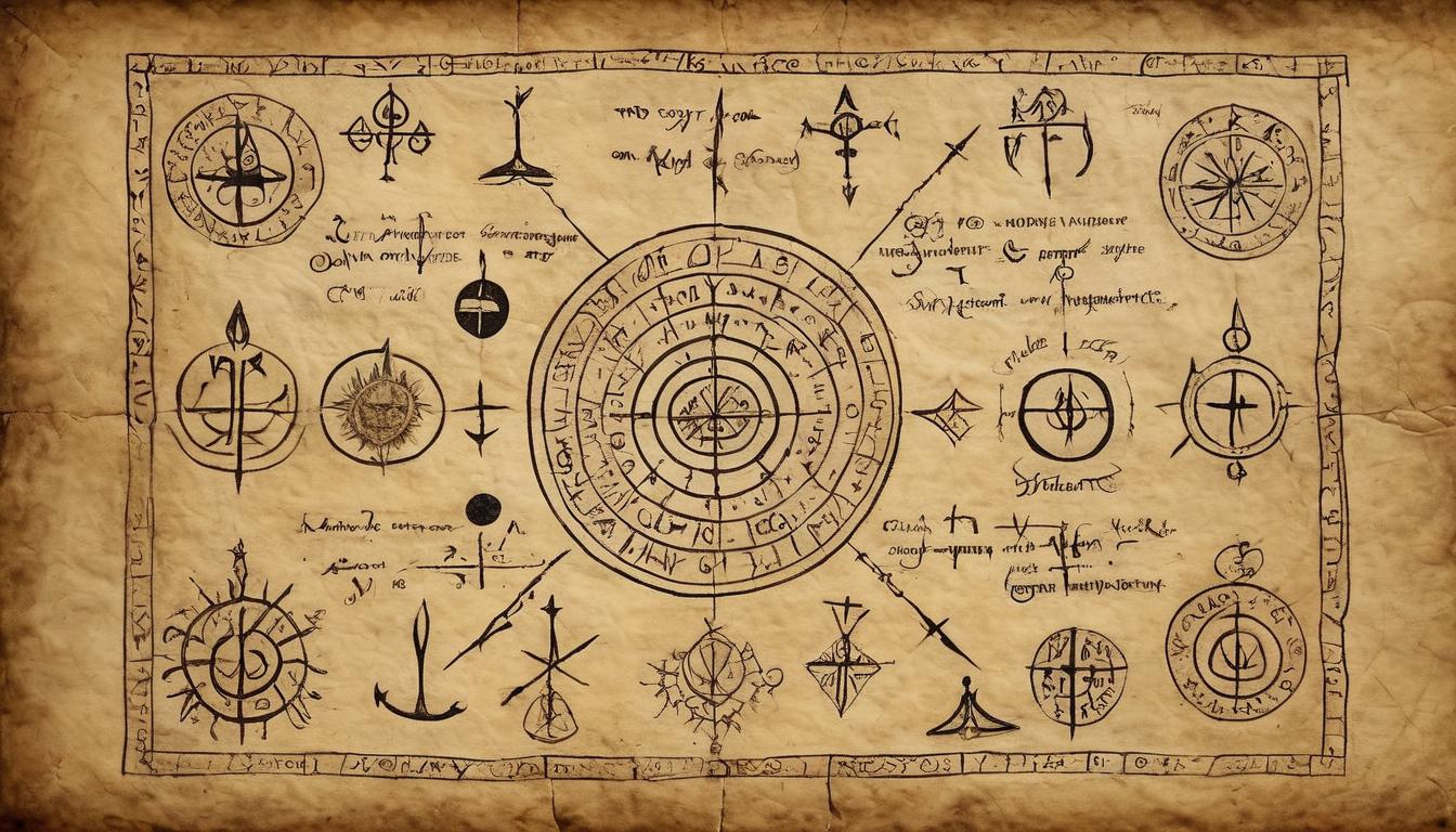  on parchment, surrealism++, markings on ancient wall, glowing runes, arcane symbols, mystical energy, intrigue(mysterious, provocative, symbolic)++