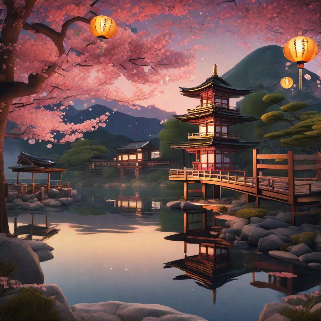  masterpiece, best quality, (Fidelity: 1.4), Best Quality, Masterpiece, Ultra High Resolution, 8k resolution, A night view inspired by Japanese art, featuring a garden illuminated by paper lanterns and a wooden bridge spanning a tranquil lake, by the lakeside, there is a small Zen temple. The water reflects the starry sky.