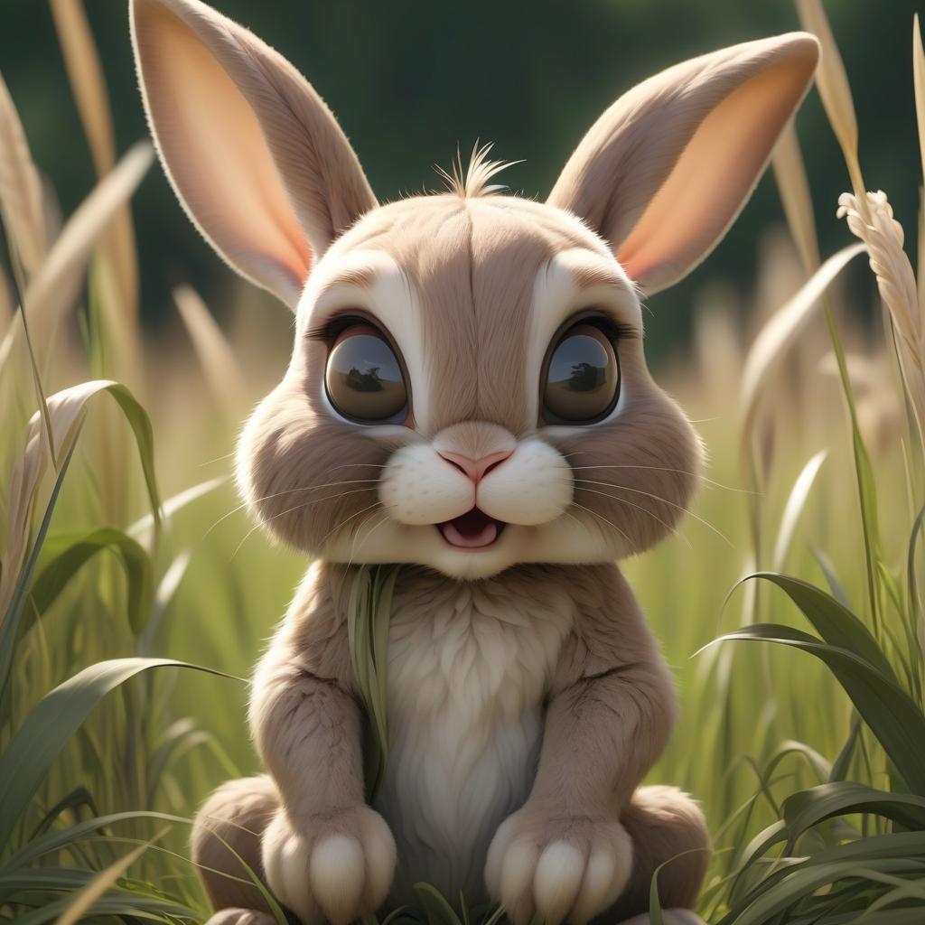  a curious rabbit with incredibly large ears is sitting in the middle of a field with tall grass. one ear is raised. the tall grass around him is bent by the wind