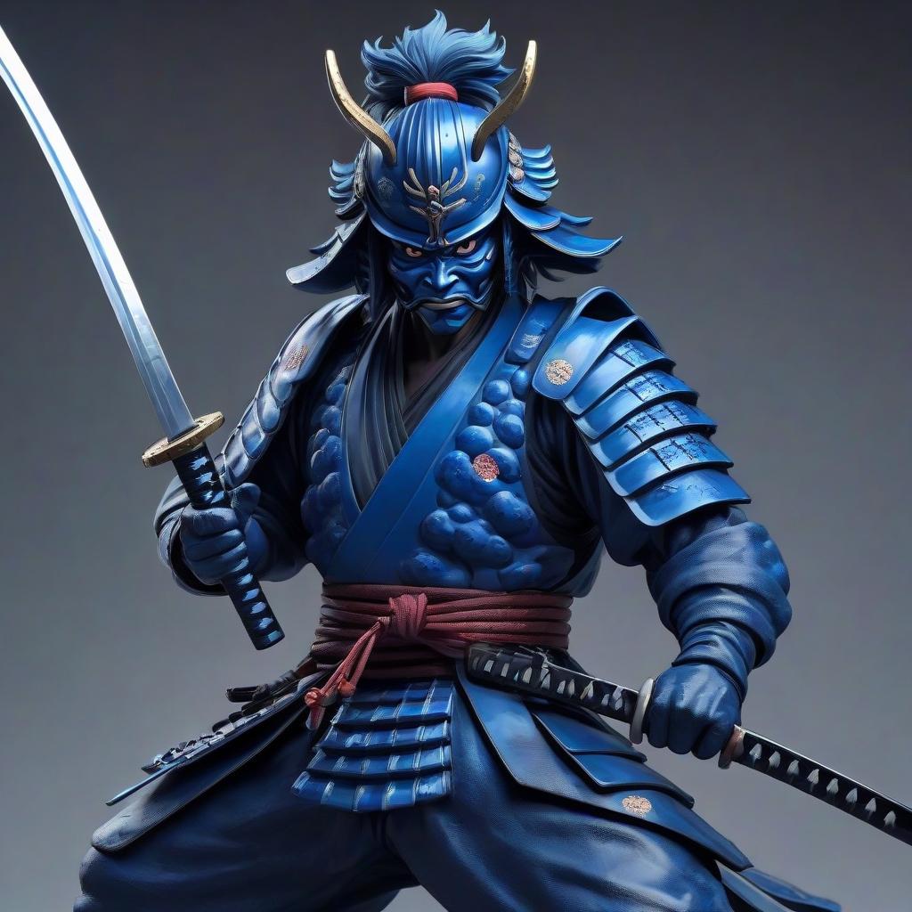  blue samurai with katana in hand