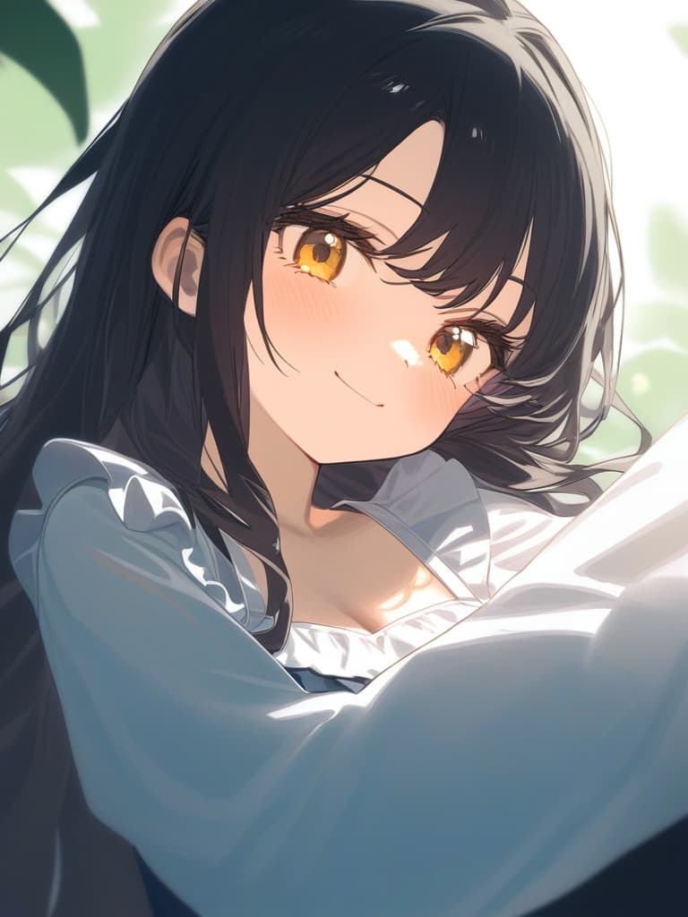  cute face focus,cute,young,long hair,black hair,yellow eyes,frill onepiece