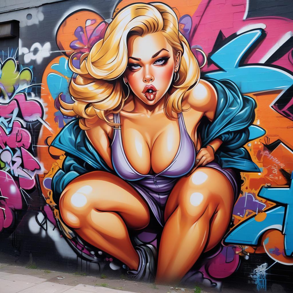  graffiti style big, girl inflated bust, neckline, juicy legs, big inflated bust, big, juicy, blonde, , , girl, , pop girl, , deep neckline, deep neckline, skinny girl, figure girl, big beautiful girl, cute face . street art, vibrant, urban, detailed, tag, mural