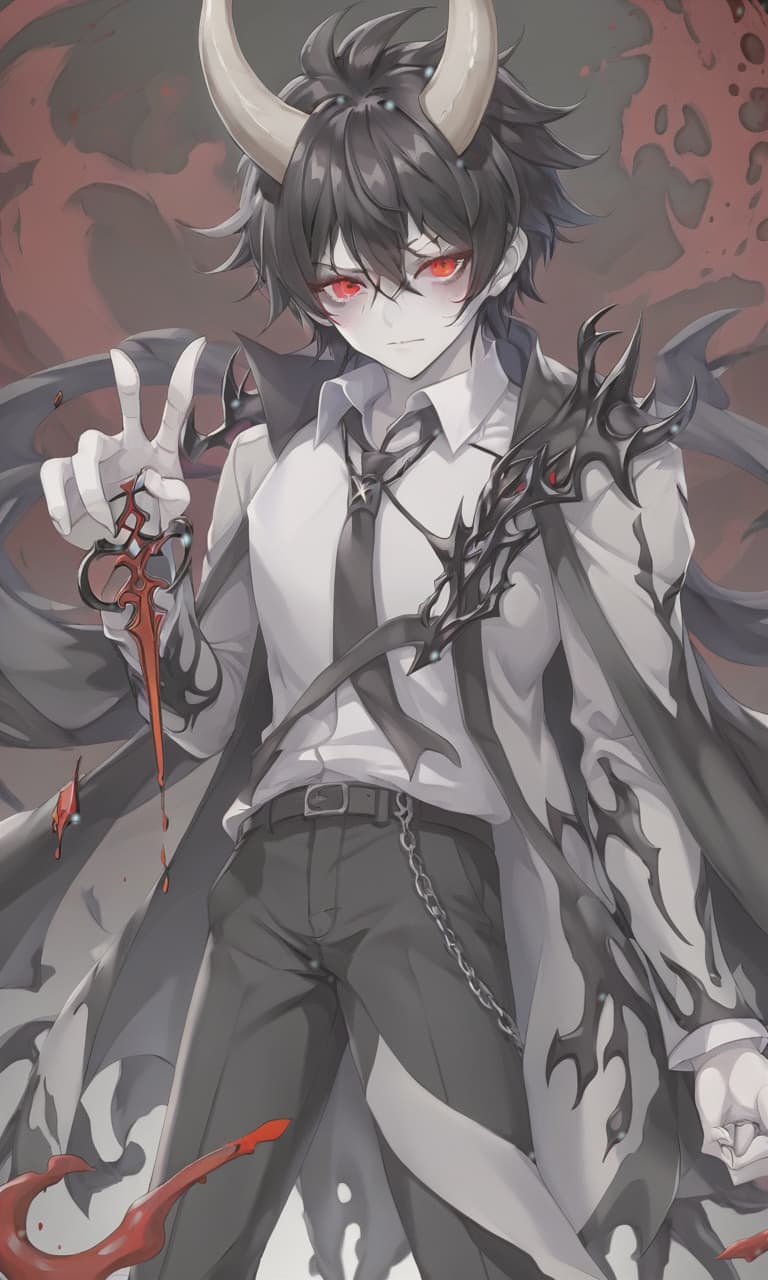  anime artwork man demon, white skin, blood red eyes, black hair, white horns, black clothes . anime style, key visual, vibrant, studio anime, highly detailed