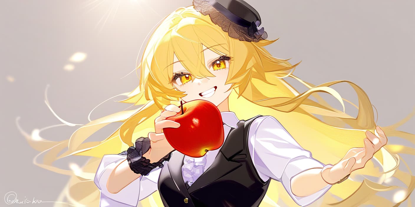  ouhou, 1girl, kirisame marisa, apple, black headwear, black vest, blonde hair, food, frilled headwear, fruit, grin, hair between eyes, hand up, holding, holding food, holding fruit, long hair, looking at viewer, shirt, simple background, smile, solo, twitter username, upper body, vest, white background, white shirt, wrist cuffs, yellow eyes, . best quality, high resolution