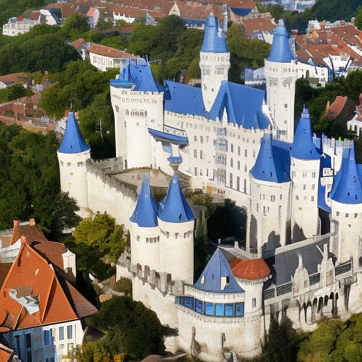 dvarchmodern white castle, blue roofs, many towers, fantasy, middle ages