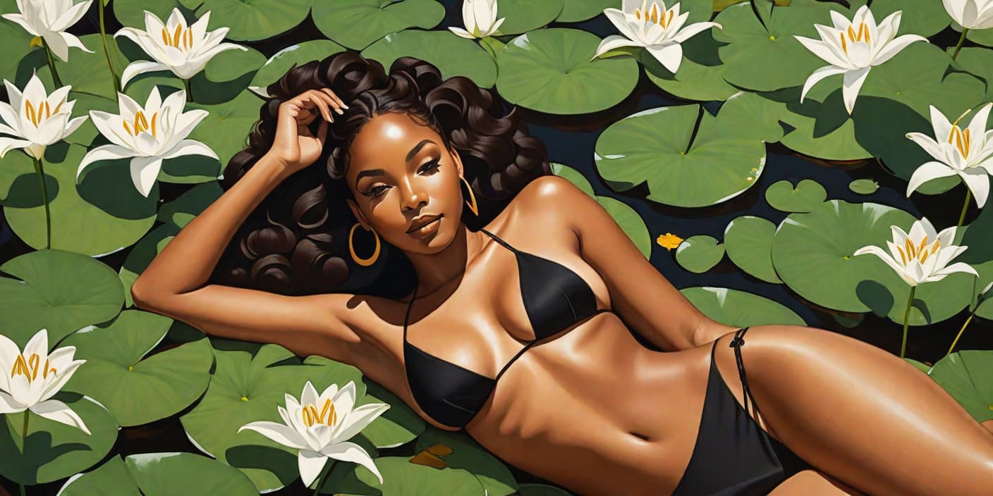  minimalism, painting of a beautiful black woman. she lays in a field of lilies. brown flowy bikini, abstract, simple geometic shapes, hard edges, sleek contours, minimalism