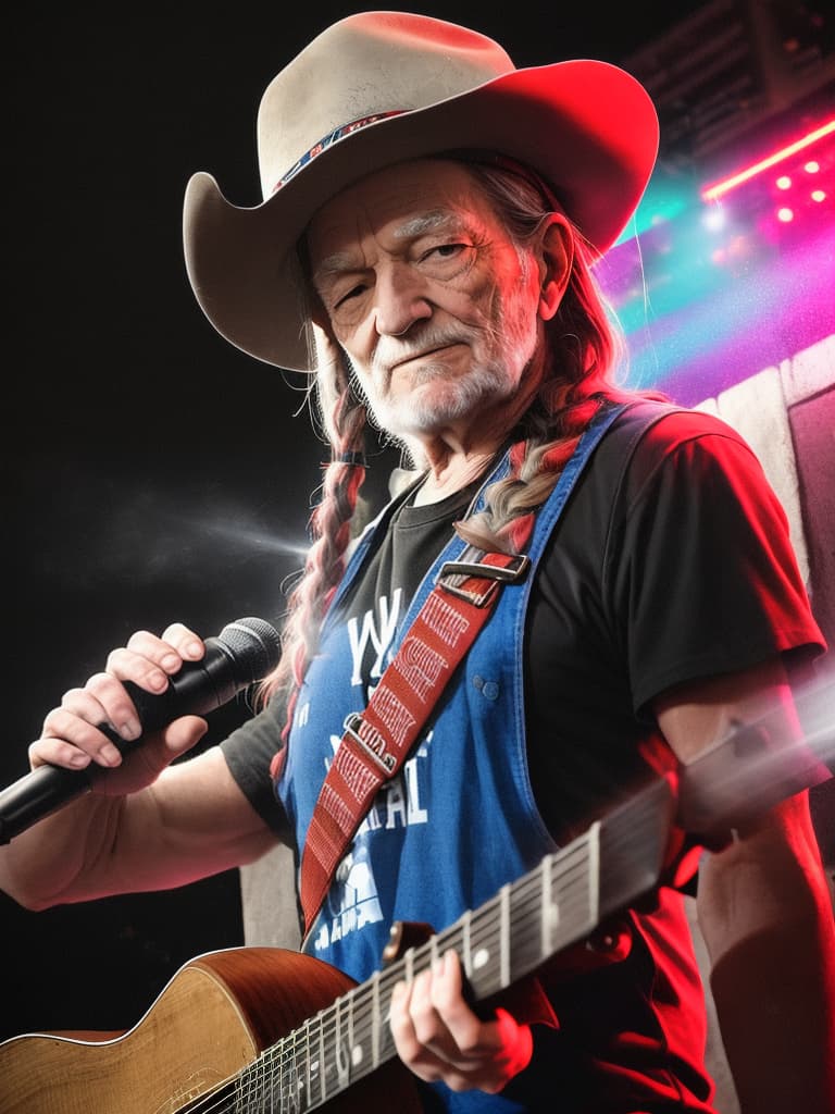  Singer Willie Nelson, medium shot, upper body, spotlight, long exposure lighting, street art style spray paint, glamour lighting