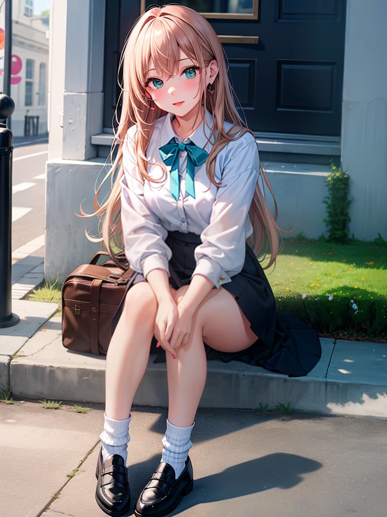  (highres,absurdres),outdoor,street,full body,sense of depth,cinematic angle,face and footwear focus,solo,1,gyaru,blush,aqua lips,glossy lips,light brown hair,long hair,forehead,center part, uniform,shirt,white shirt,collared shirt,ribbon,blue ribbon,neck ribbon,large s,s,age,heart,heart earrings,earrings,jewelry,,blue ,socks,((loose socks)),loafer,black footwear,hand between legs,between legs, up,legs up,own hands together,covering privates,nail polish,aqua nails,looking at viewer,sitting,