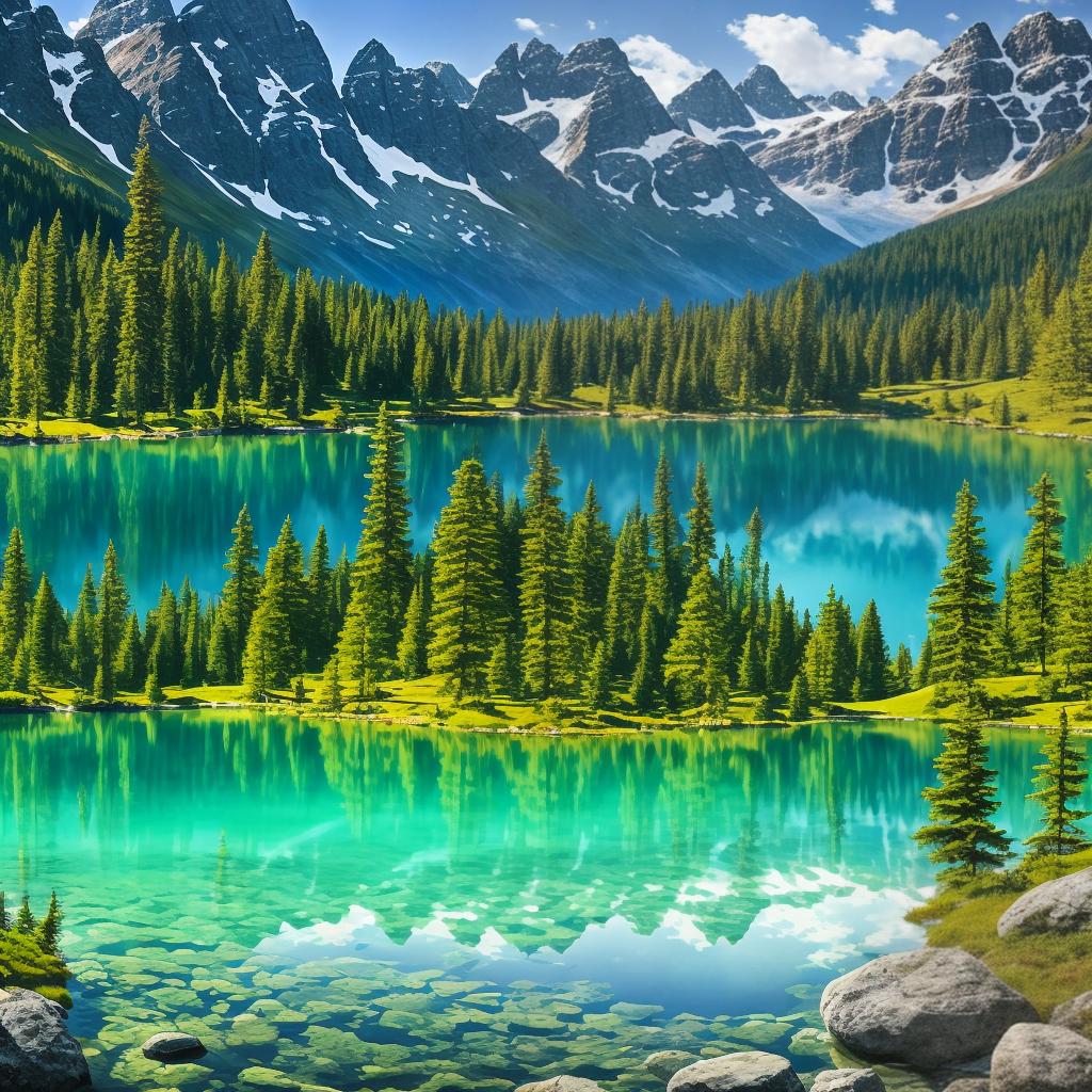  with elven elements, Convey the serene majesty of towering mountains reflected in the crystal clear waters of a tranquil alpine lake, using your unique artistic vision to evoke a sense of awe and tranquility.